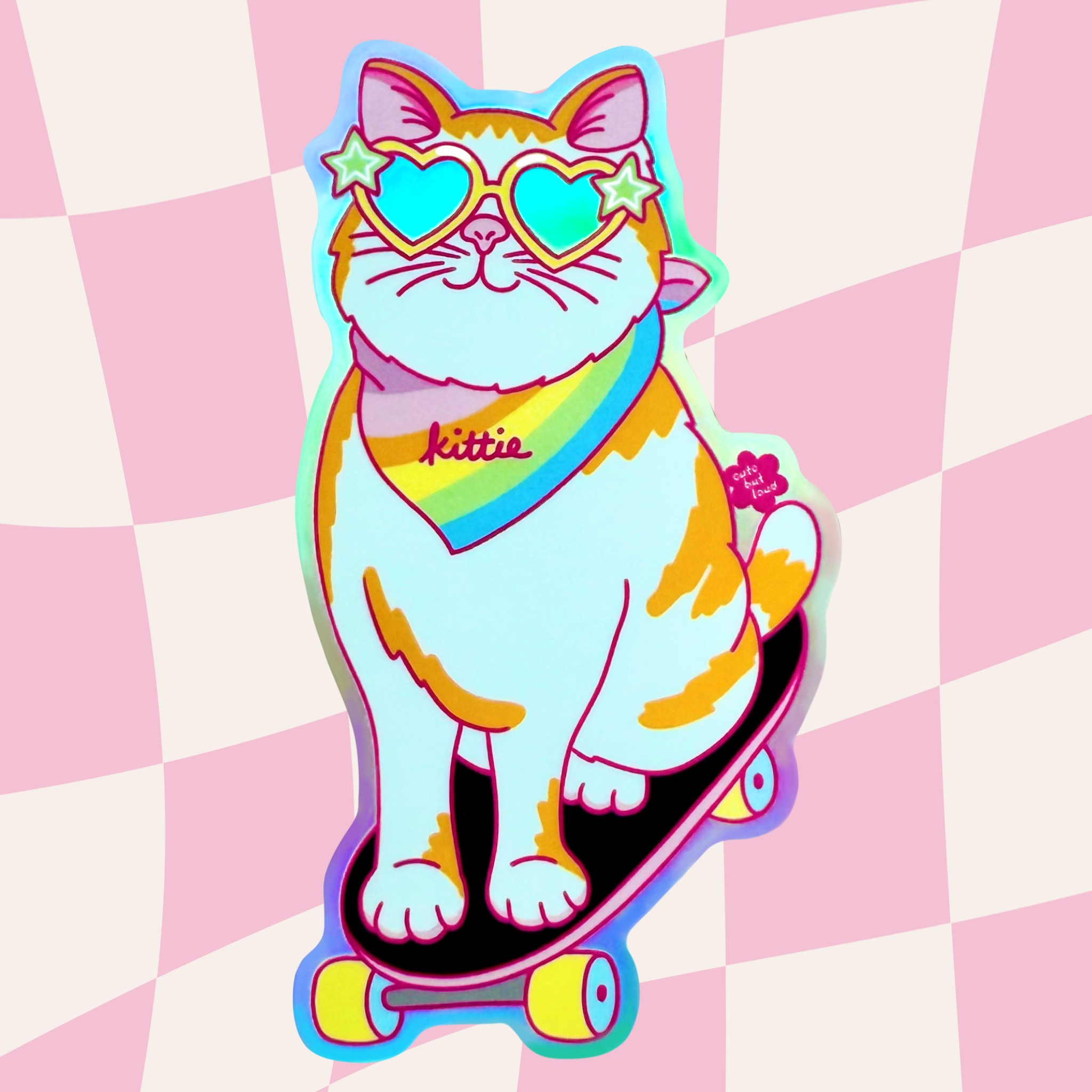 Holographic Sticker Skateboarding Kitty