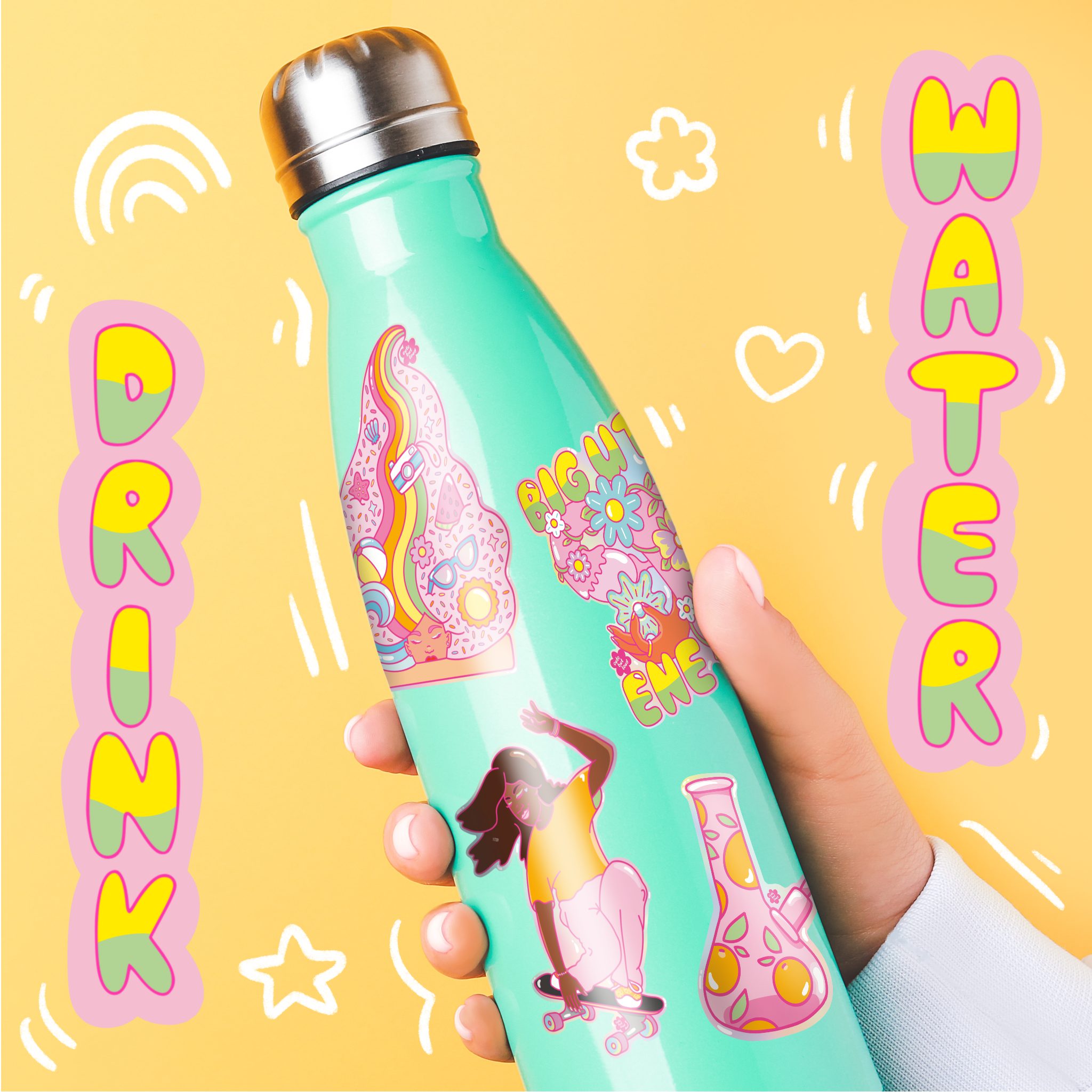 Turquoise water bottle with colorful vinyl waterproof stickers held by a hand on a yellow background with 'Drink Water' text.
